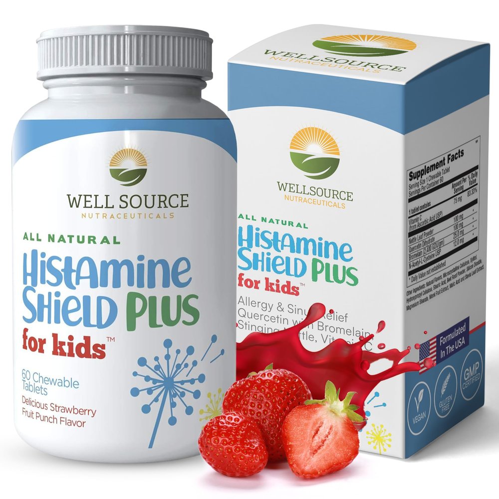 Histamine Shield Plus Natural Antihistamine Supplement, Sinus & Allergy Relief for Pollen, Pet Dander, Dust, Mold, and Odors, 60 Strawberry Fruit Punch Chewable Tablets