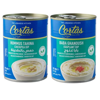 Cortas - Baba Ghanoush & Hummus Tahina (2 Cans Appetizer Combo), Eggplant Dip & Chickpea Dip, Ready to Serve (Gluten Free)