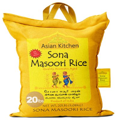 Asian Kitchen White Sona Masoori Aged Rice 20-Pound Bag, 20lbs (9.08kg) Short Grain Rice ~ All Natural | Gluten Friendly | Vegan | Kosher | Indian Origin | Export Quality