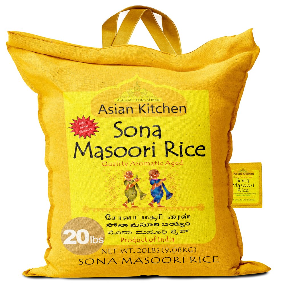 Asian Kitchen White Sona Masoori Aged Rice 20-Pound Bag, 20lbs (9.08kg) Short Grain Rice ~ All Natural | Gluten Friendly | Vegan | Kosher | Indian Origin | Export Quality