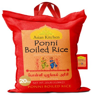 Asian Kitchen Ponni Boiled Rice 20-Pound Bag, 20lbs (9.08kg) Short Grain Par Boiled Rice ~ All Natural | Gluten Free | Vegan | Indian Origin | Export Quality
