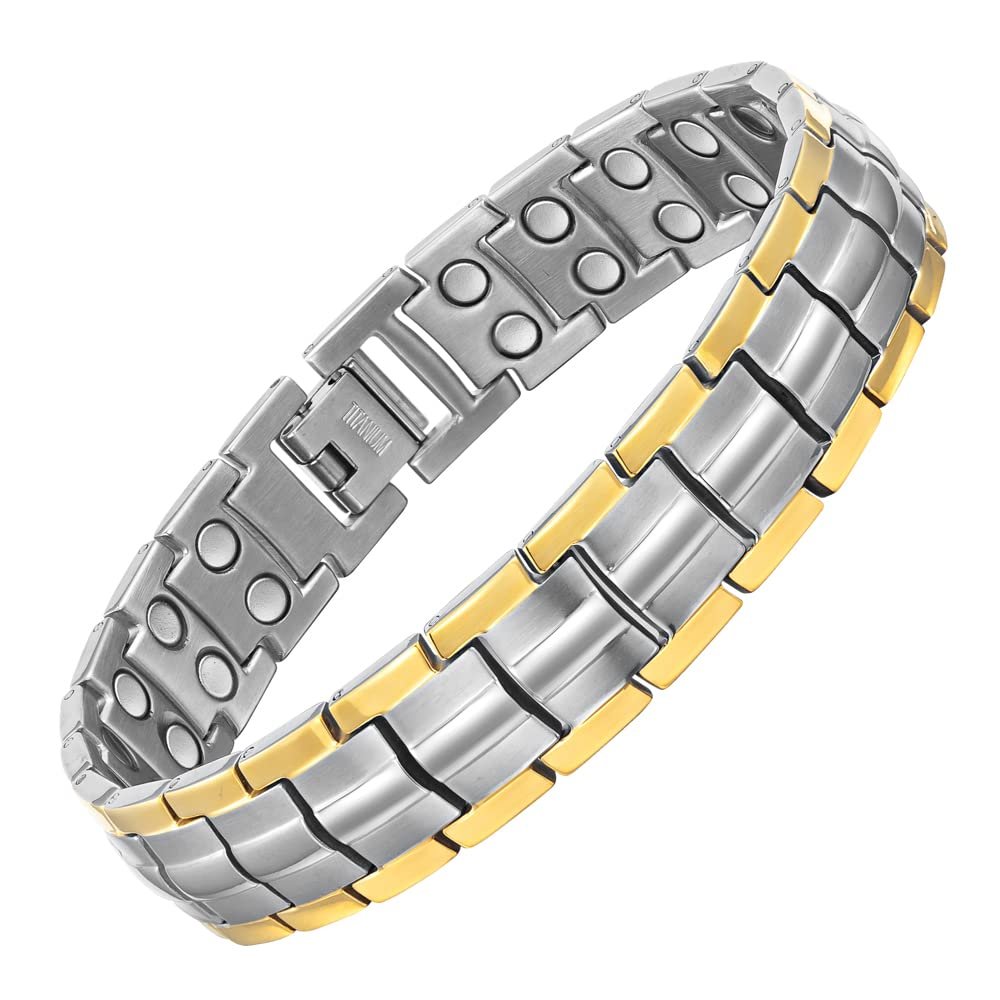 Willis Judd Mens Titanium Magnetic Bracelet Magnetic Bracelets for Men Adjustable Bracelet Length with Sizing Tool (Gold Silver)