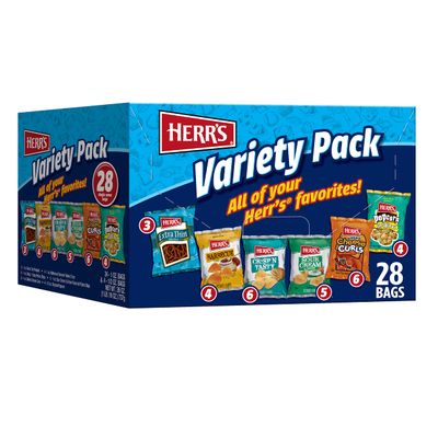 Herrs Snacks Variety Pack, Potato Chips, Pretzels, Popcorn, Cheese Curls, 26oz Box (28 Bags)