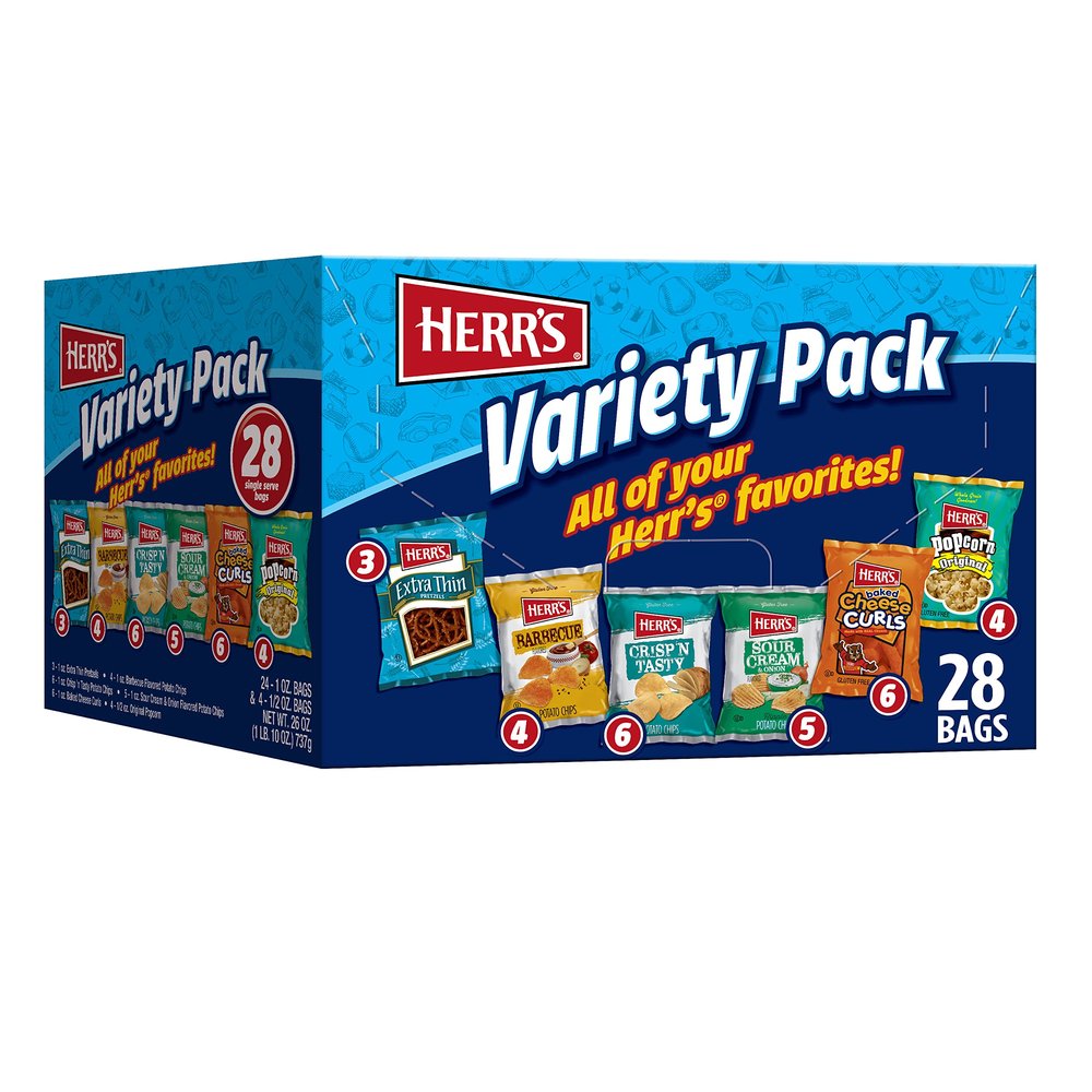 Herrs Snacks Variety Pack, Potato Chips, Pretzels, Popcorn, Cheese Curls, 26oz Box (28 Bags)