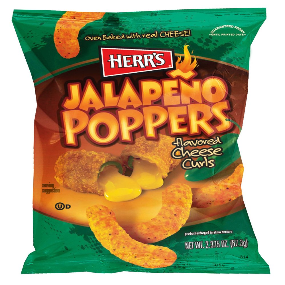 Herr's Jalapeo Poppers Flavored Cheese Curls - Made with Cheddar Cheese - 2.375 Ounce (Pack of 20) Great for Bold Flavor Fans