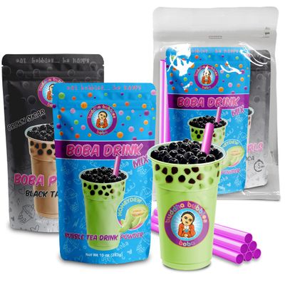 Premium HONEYDEW MELON Boba Tea Kit Includes Tea Powder, Real Tapioca Pearls & Straws By Buddha Bubbles Boba