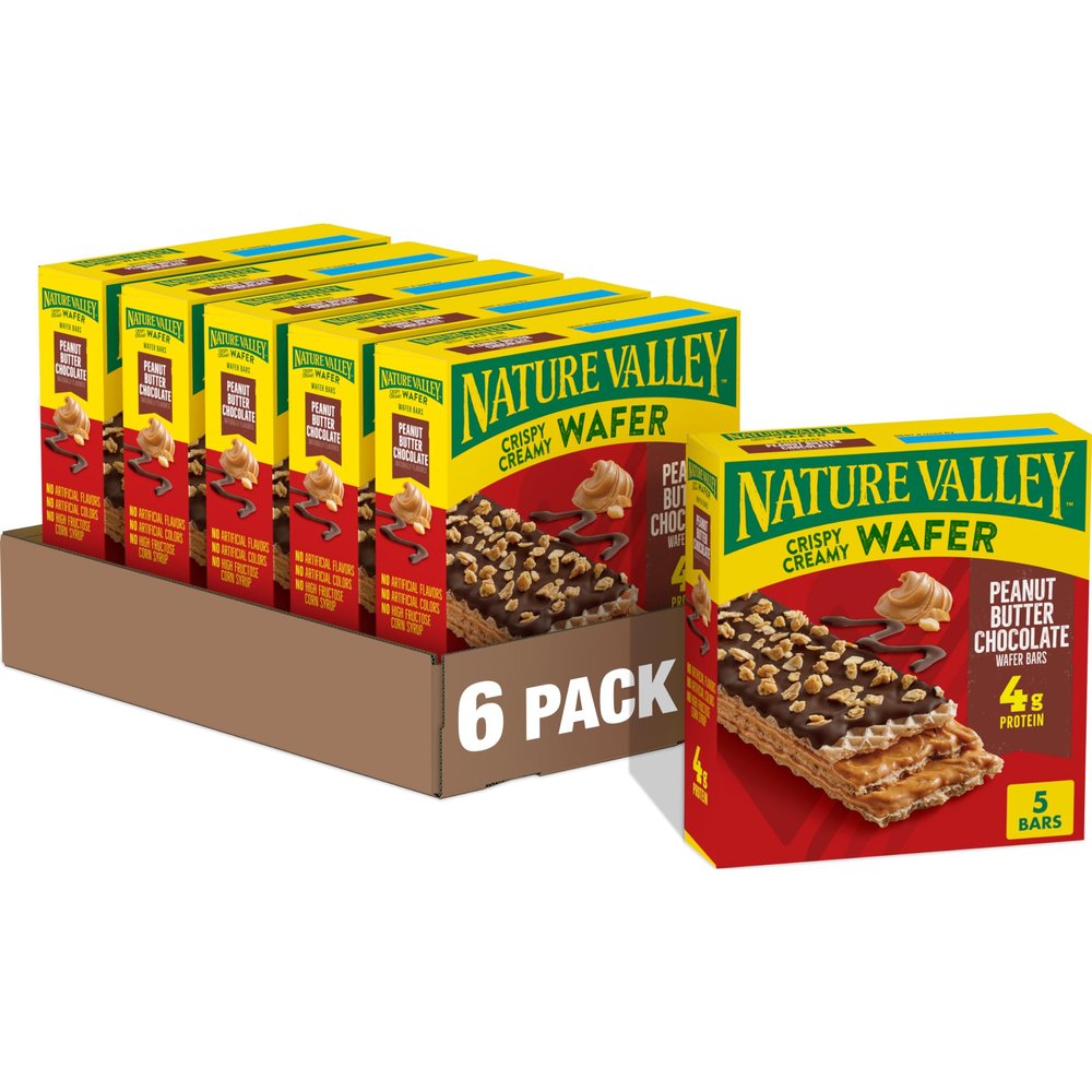 Nature Valley Wafer Bars, Peanut Butter Chocolate, 5 Bars per Box, 6.5 oz, Pack of 6, Crispy Wafer Texture, Peanut Butter Layers & Chocolate Coating, No Artificial Flavors, No High Fructose Corn Syrup, Protein Type.