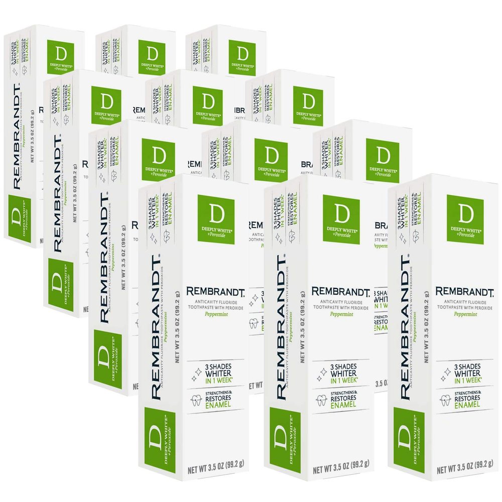 Rembrandt Deeply White + Peroxide Whitening Toothpaste with Fluoride, Removes Tough Stains, Rehardens and Strengthens Enamel, Peppermint Flavor, 3.5 Ounce, Pack of 12