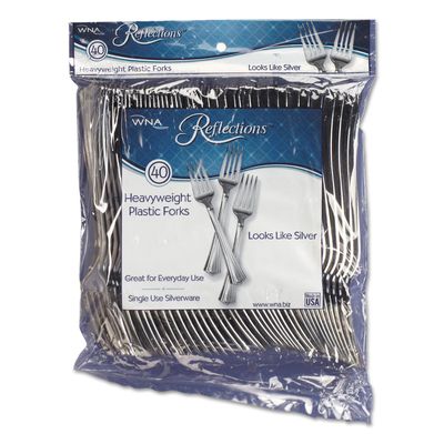 Reflections Heavyweight Plastic Utensils, Fork, Silver, 7'', 40/pack