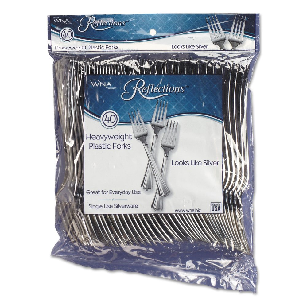 Reflections Heavyweight Plastic Utensils, Fork, Silver, 7'', 40/pack