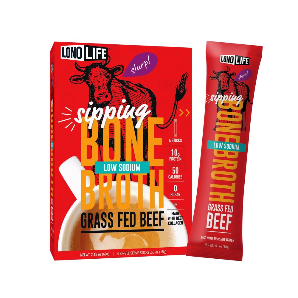LonoLife Low Sodium Beef Bone Broth Powder Mix | Grass-Fed, 10g Protein | Collagen-Rich, Keto & Paleo Friendly | Natural Ingredients | 24 Portable Stick Pack Servings