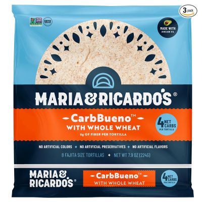 Low Carb Tortillas. Maria & Ricardo's Whole Wheat Plus. (3 Pack) 4 Net Carbs, High Fiber, 3g Protein. Non GMO PV, Vegan. Kosher.