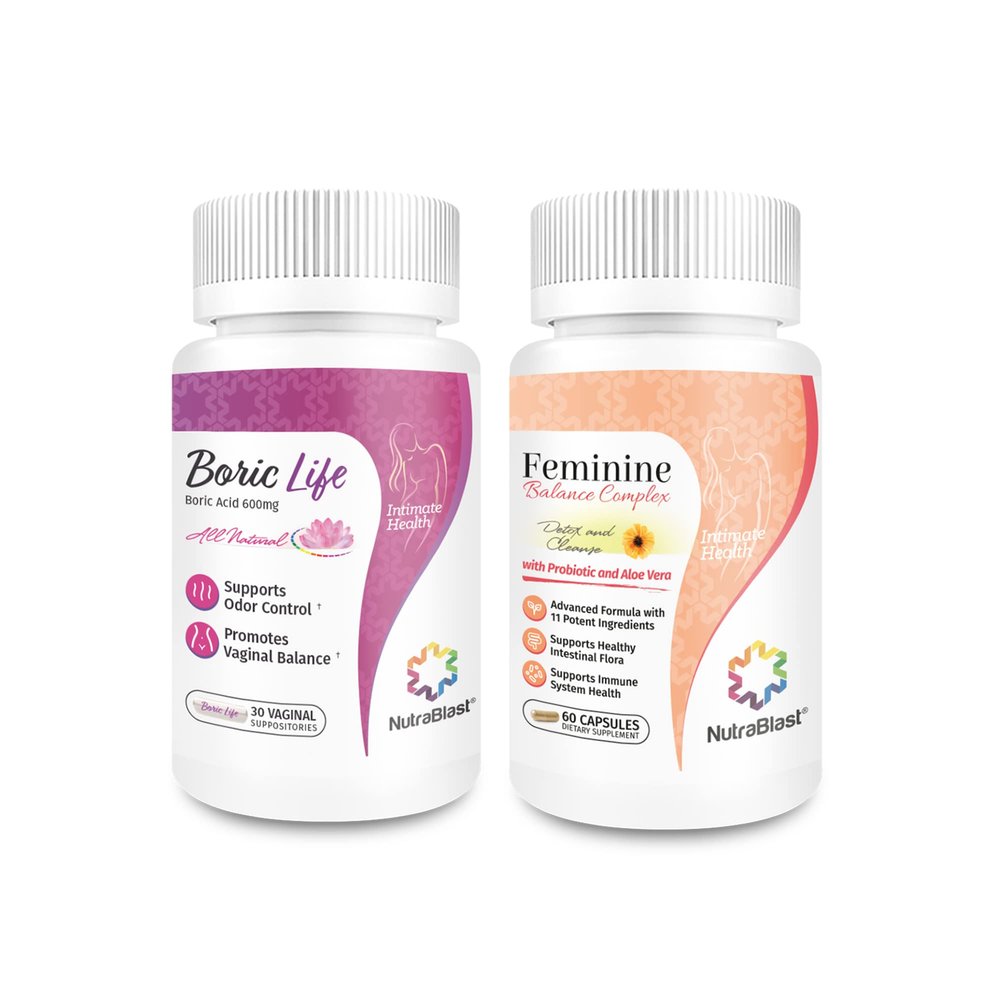 NutraBlast Boric Acid Suppositories 600mg (30 Count) Bundle with Feminine Balance Complex (60 Capsules) | Detox & Cleanse | Supports Healthy Intestinal Flora & Immune System