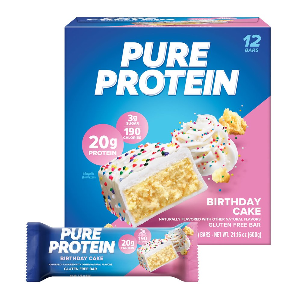 Pure Protein Birthday Cake Protein Bars 20g Protein, 3g Sugar, 190 Calories (12 count) Low Sugar* High Protein Snack - Gluten Free - Perfect for a Healthy Snack