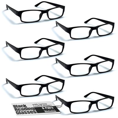 Boost Eyewear 6 Pack Reading Glasses, Traditional Black Frames, for Men and Women, with Comfort Spring Loaded Hinges, Black, 6 Pairs (+3.00)