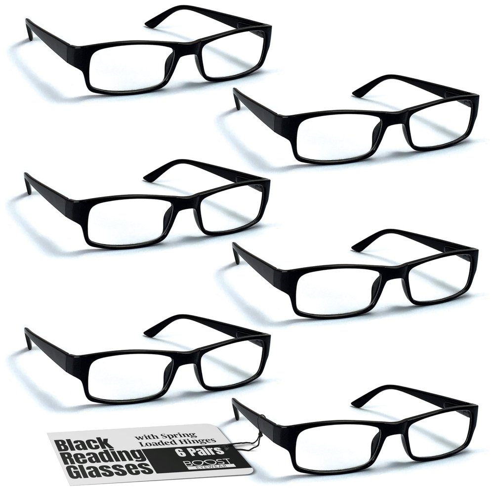 Boost Eyewear 6 Pack Reading Glasses, Traditional Black Frames, for Men and Women, with Comfort Spring Loaded Hinges, Black, 6 Pairs (+3.00)