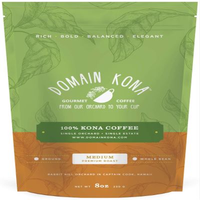 100% Kona Coffee GROUND, Medium roast, Single estate gourmet coffee, 8 ounces, Farm fresh roasted from Domain Kona Coffee