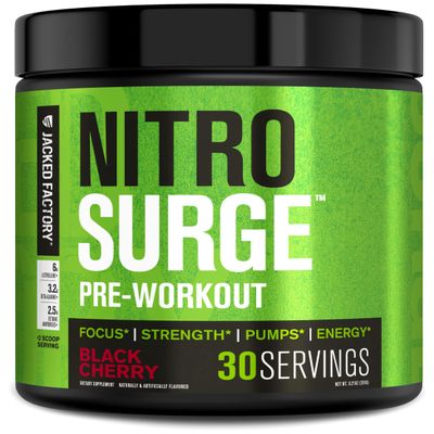 Jacked Factory NITROSURGE Pre Workout Supplement - Endless Energy, Instant Strength Gains, Clear Focus and Intense Pumps - NO Booster & Powerful Preworkout Energy Powder - 30 Servings, Black Cherry