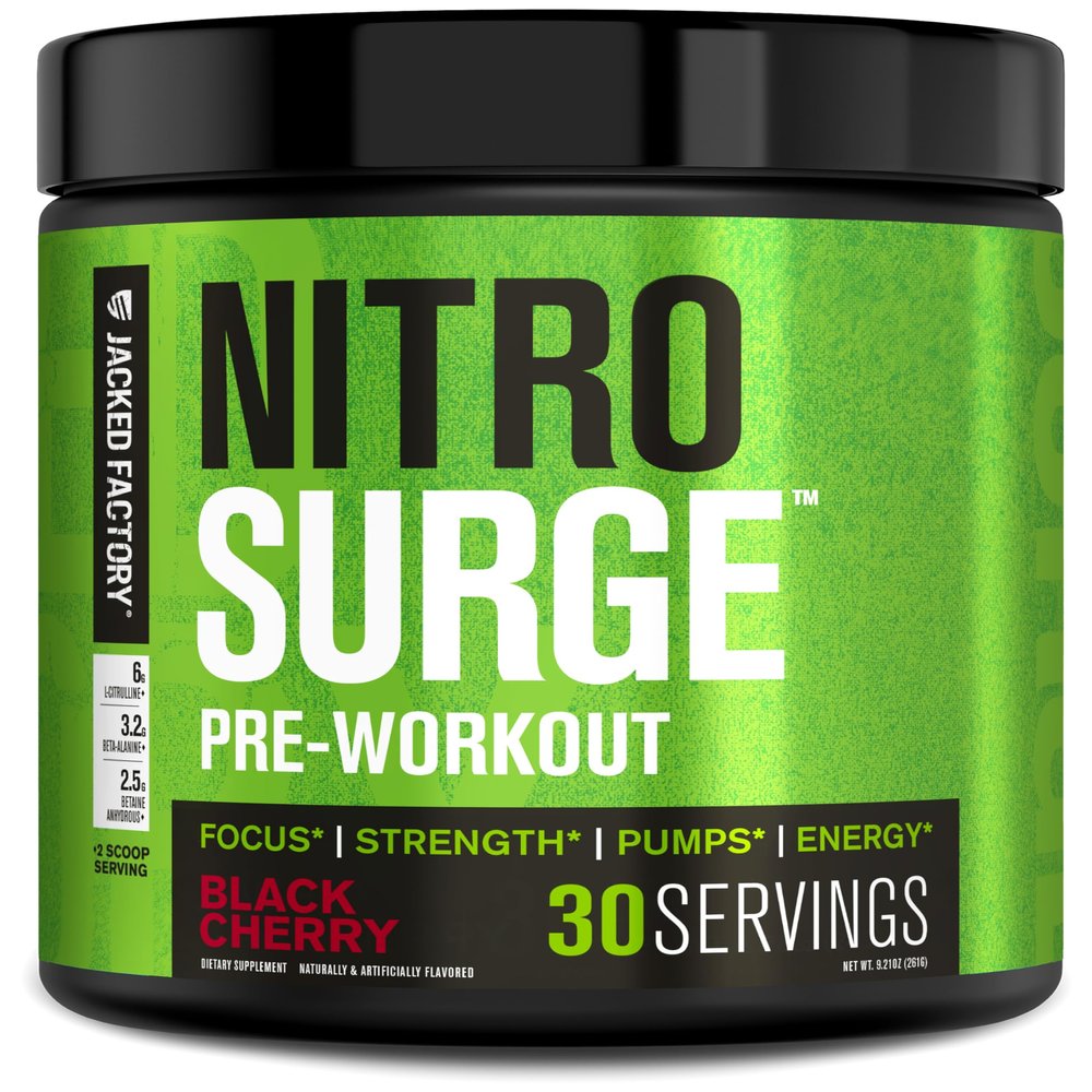 Jacked Factory NITROSURGE Pre Workout Supplement - Endless Energy, Instant Strength Gains, Clear Focus and Intense Pumps - NO Booster & Powerful Preworkout Energy Powder - 30 Servings, Black Cherry
