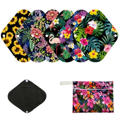 7pcs Pack Cloth Pads Including 1pc Mini Wet Bag +6pcs Bamboo Charcoal Cloth Reusable Menstrual Pads/Reusable Sanitary Pad/Mama Panty Liners (All Randomly Prints)
