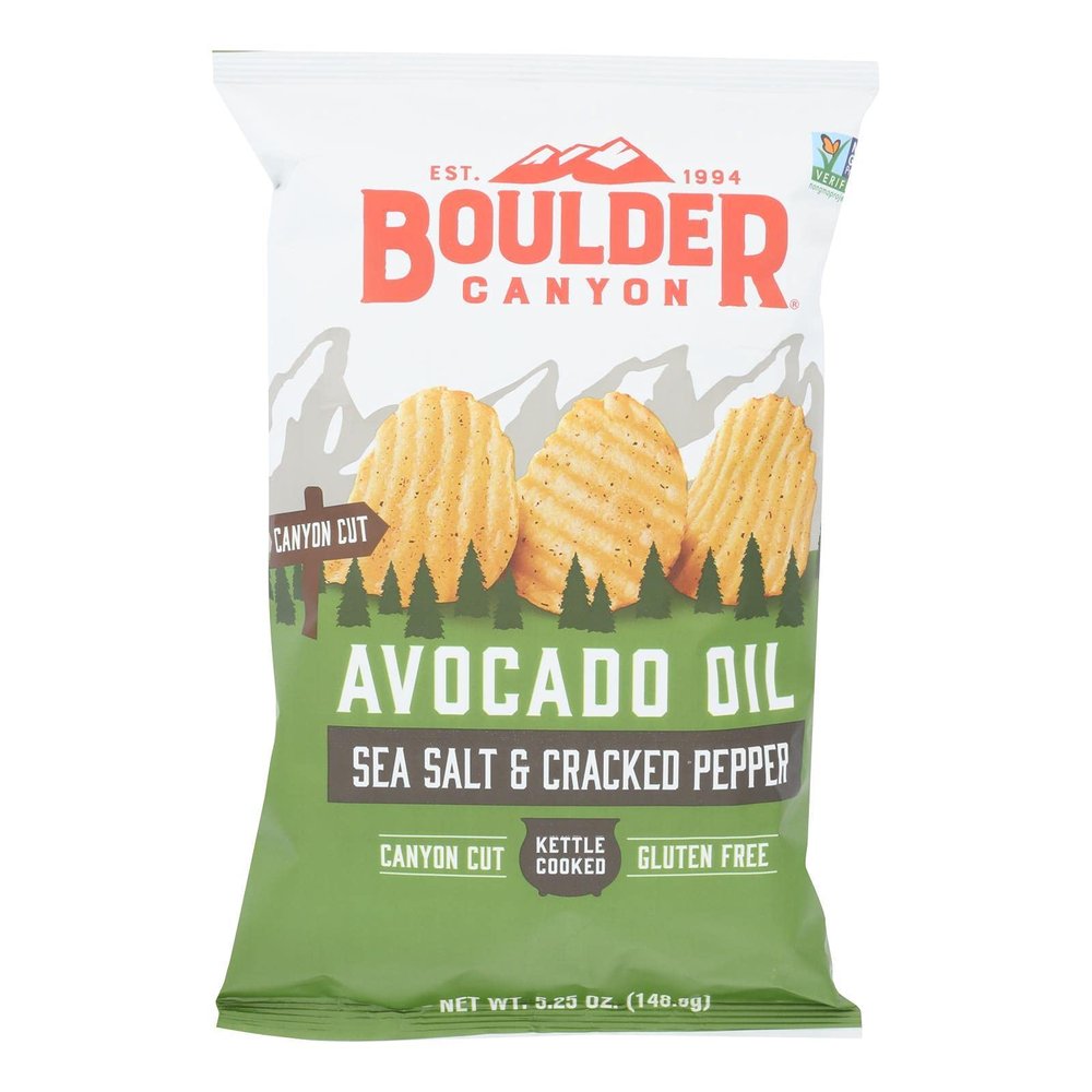 Boulder Canyon Avocado Oil Canyon Cut Kettle Cooked Potato Chips, Sea Salt and Cracked Pepper, 5.25 Ounce (Pack of 12)