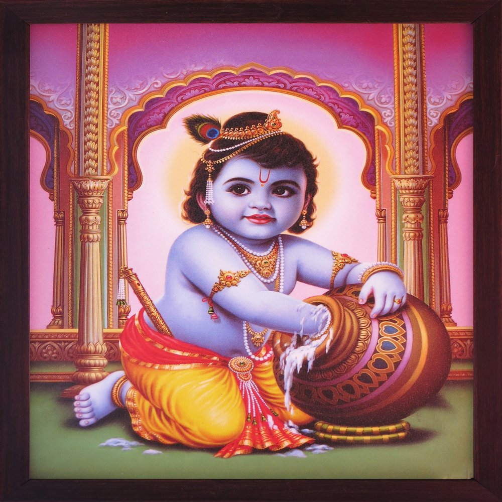 HandicraftStore Lord Child Bal Krishna Enjoying Butter in Palace, with Frame, Must for Office/Home/Religious Decoration Purpose