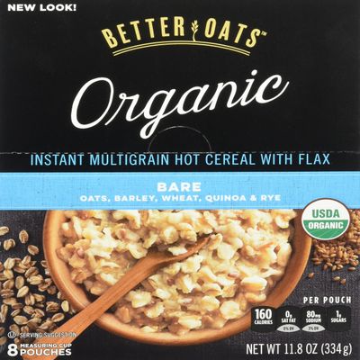 Better Oats Raw Pure & Simple Organic Bare, Instant Multigrain Hot Cereal with Flax, 8 Pouches (Pack of 2)