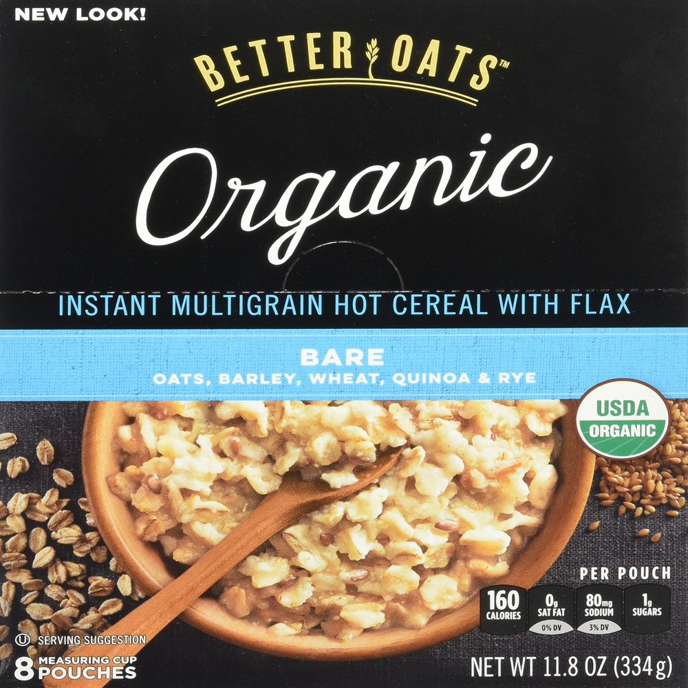 Better Oats Raw Pure & Simple Organic Bare, Instant Multigrain Hot Cereal with Flax, 8 Pouches (Pack of 2)
