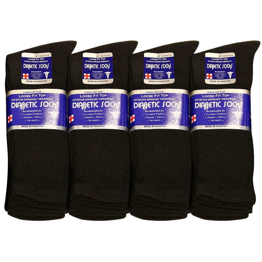 Falari Physicians Approved Diabetic Socks For Men Women Non-Binding Loose Top Wide Crew Length (12-Pack, Black, 13-15)
