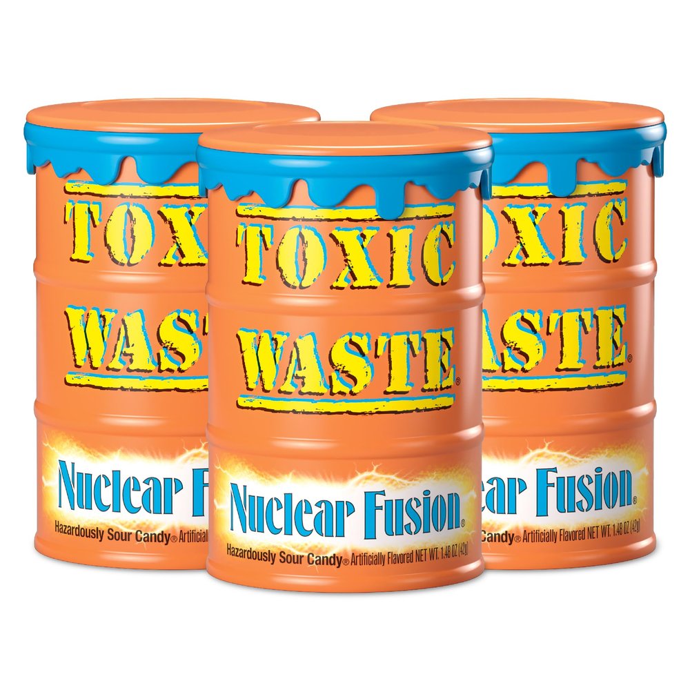 TOXIC WASTE - Nuclear Fusion Hazardously Sour Candy - Raspberry-Lemon, Pineapple-Passionfruit, Grape-Strawberry, Banana-Blueberry, & Orange-Apple Flavors - 1.48 oz. Drums - 3 Pack