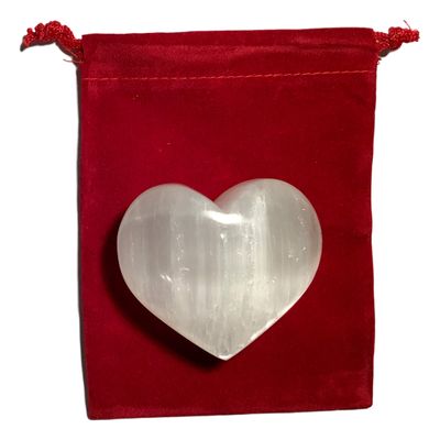 DINOSAURS ROCK Selenite Mineral Heart Gift Packaged Red Velvet Bag - Great Gift!