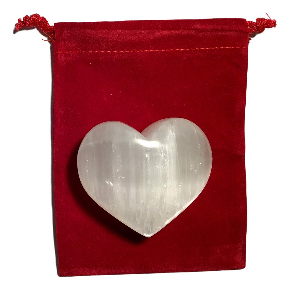 DINOSAURS ROCK Selenite Mineral Heart Gift Packaged Red Velvet Bag - Great Gift!