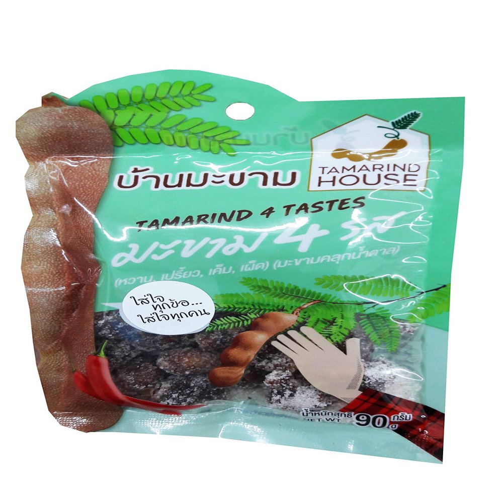 2 Packs of Tamarind 4 Tastes, Sweet, Sour, Salty, Spicy. Selected premium Delicious fruit snack by Tamarind House Brand, Thailand. (90 g./pack)