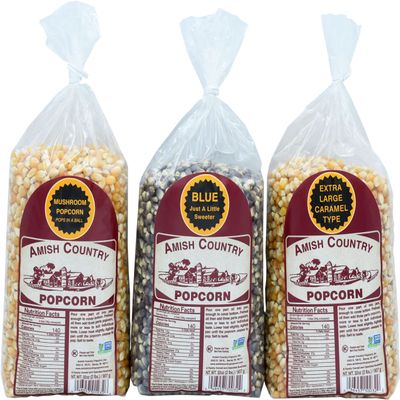Amish Country Popcorn | 3-2 lb Bags | 2 lbs Mushroom - 2 lbs Extra Large Caramel Type - 2 lbs Blue Popcorn Kernels | Old Fashioned, Non-GMO and Gluten Free (3-2 lb Bags)