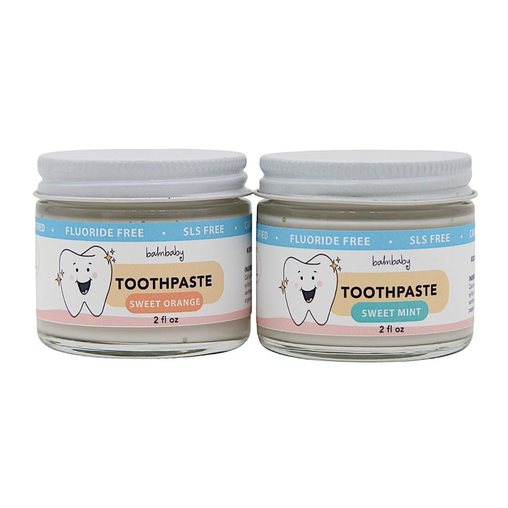 Kids All Natural Fluoride Free Toothpaste  SLS Free Toothpaste with Xylitol, Vegan Gluten Free, Glass Jar Zero Waste Teeth Paste (Mint & Orange, 2-Pack)