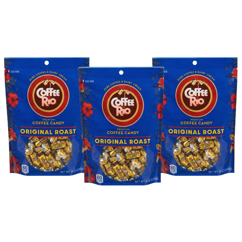 Coffee Rio Original Roast Coffee Caramels Candy, Pack of 3 Stand-Up Bags (9 oz Each) - Individually Wrapped Hard Candies w/Fresh Dairy Cream - Perfect for Office Candy Bowls & More - Kosher Certified