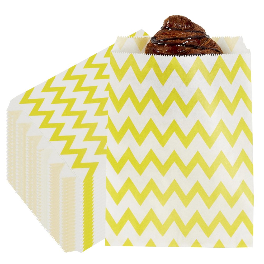 7 x 5 Inch Cookie Bags, 100 Biodegradable Paper Treat Bags - Use As Party Favors Or Candy Bags, Food Safe, Yellow With Zig Zags Paper Food Bags For Baked Goods, For Buffets Or Parties