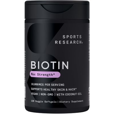 Sports Research Biotin 10,000mcg with Organic Coconut Oil - Biotin (Vitamin B7) for Healthy Skin and Hair Support* - for Women and Men - Vegan, Non-GMO, Gluten & Soy-Free - 120 Veggie Softgels