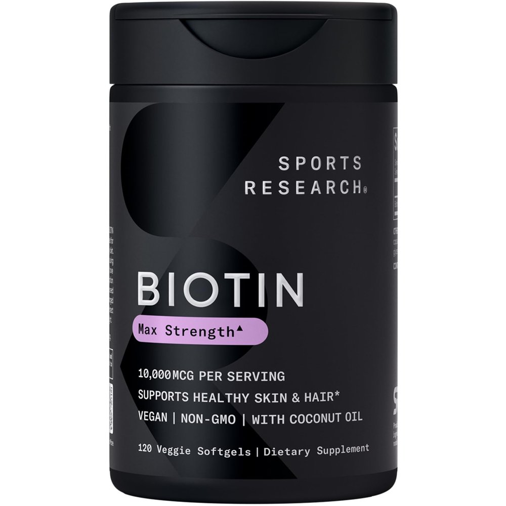Sports Research Biotin 10,000mcg with Organic Coconut Oil - Biotin (Vitamin B7) for Healthy Skin and Hair Support* - for Women and Men - Vegan, Non-GMO, Gluten & Soy-Free - 120 Veggie Softgels