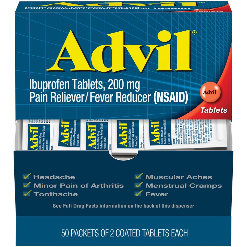 Advil Pain Reliever and Fever Reducer, Pain Relief Medicine with Ibuprofen 200mg for Headache, Backache, Menstrual Pain and Joint Pain Relief - 100 Coated Tablets ( Packaging may vary )