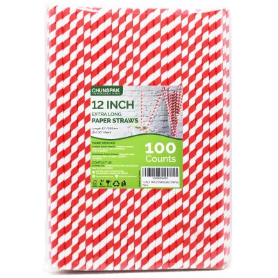 12 Inch Extra Long Large Paper Drinking Straws 8mm Wide - For Smoothies, Shakes, Tall Drinks, 40oz Tumblers - Red Stripe, 100 Count - 100% Biodegradable