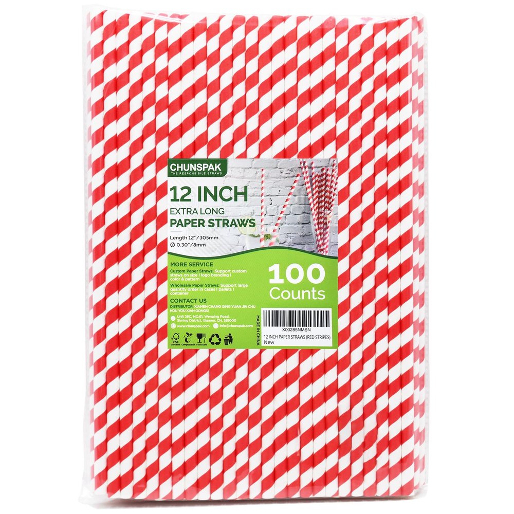 12 Inch Extra Long Large Paper Drinking Straws 8mm Wide - For Smoothies, Shakes, Tall Drinks, 40oz Tumblers - Red Stripe, 100 Count - 100% Biodegradable