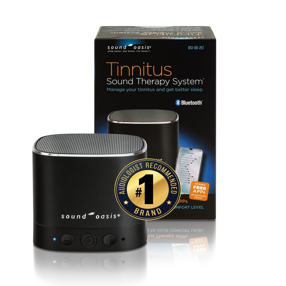 Sound Oasis Bluetooth Tinnitus Sound Therapy System - Sleep Better, Manage and Mask Tinnitus, 25 Built-in Sounds for Tinnitus Relief, 12-Hour Sound Duration