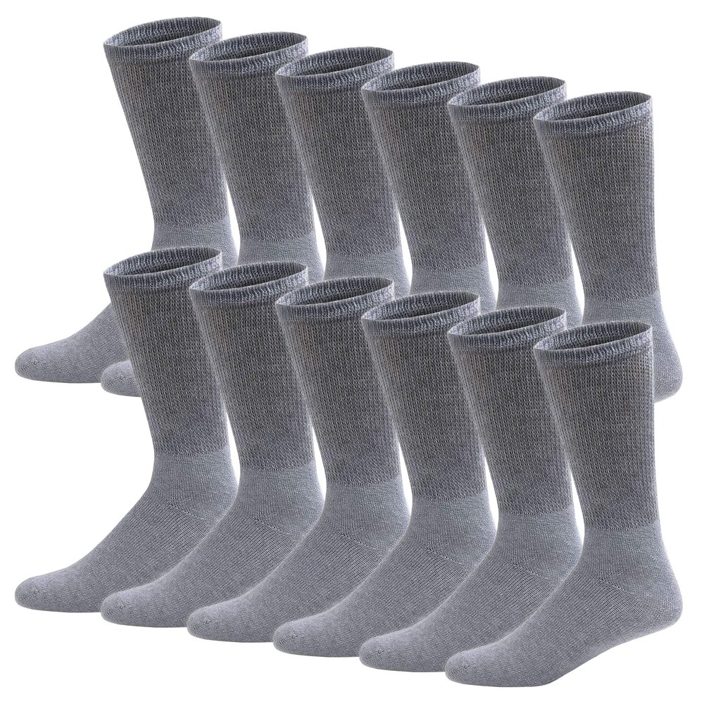 12 Pairs of Cotton Diabetic Neuropathy Crew Socks (9-11, Fits Men's shoe size 7-9.5, Gray)