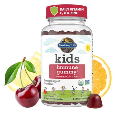 Garden of Life Kids Immune Support Gummies with Vitamin C, D as D3 & Zinc for 3-in-1 Daily Childrens Immunity Organic, Non-GMO, Gluten-Free, Vegetarian, Sugar Free, Cherry Flavor, 30 Day Supply