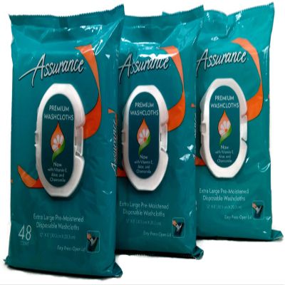 Assurance Premium Pre-moistened Disposable Washcloths, Extra Large, 48ct, Multipack of 3 (144 Wipes Total)