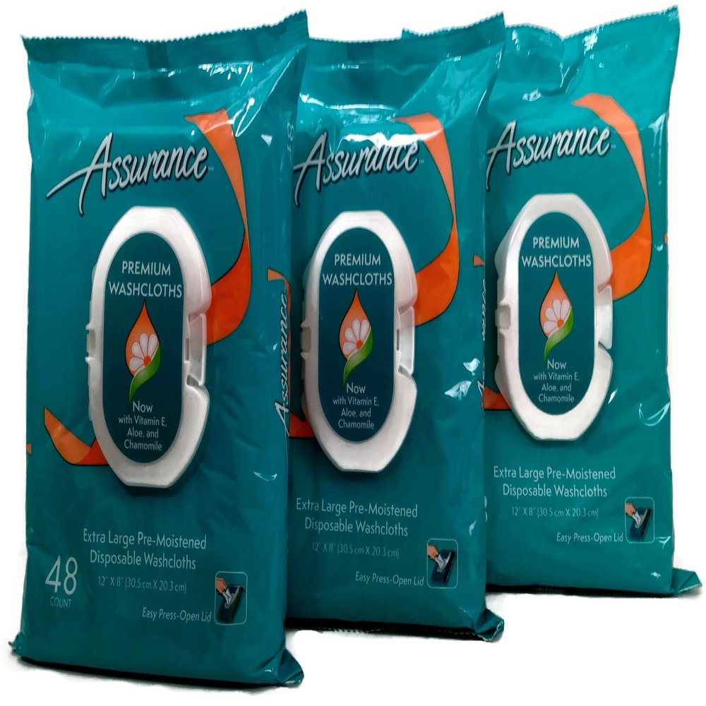 Assurance Premium Pre-moistened Disposable Washcloths, Extra Large, 48ct, Multipack of 3 (144 Wipes Total)