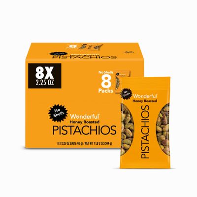 Wonderful Pistachios No Shells, Honey Roasted Nuts, 2.25 Ounce Bag (Pack of 8), Protein Snacks, Sweet Snacks, Gluten Free, Healthy Snack Packs