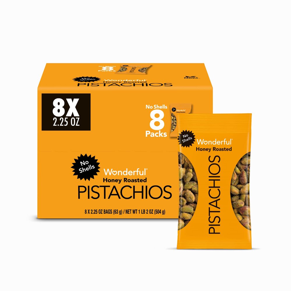 Wonderful Pistachios No Shells, Honey Roasted Nuts, 2.25 Ounce Bag (Pack of 8), Protein Snacks, Sweet Snacks, Gluten Free, Healthy Snack Packs