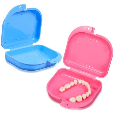 ARTIBETTER Portable Denture Case 2-Pack Compact Orthodontic Retainer Holder Teeth Box for Travel 3.74X2.95X1.10 Inch Durable Mouth Guard Storage Container Blue Rosy